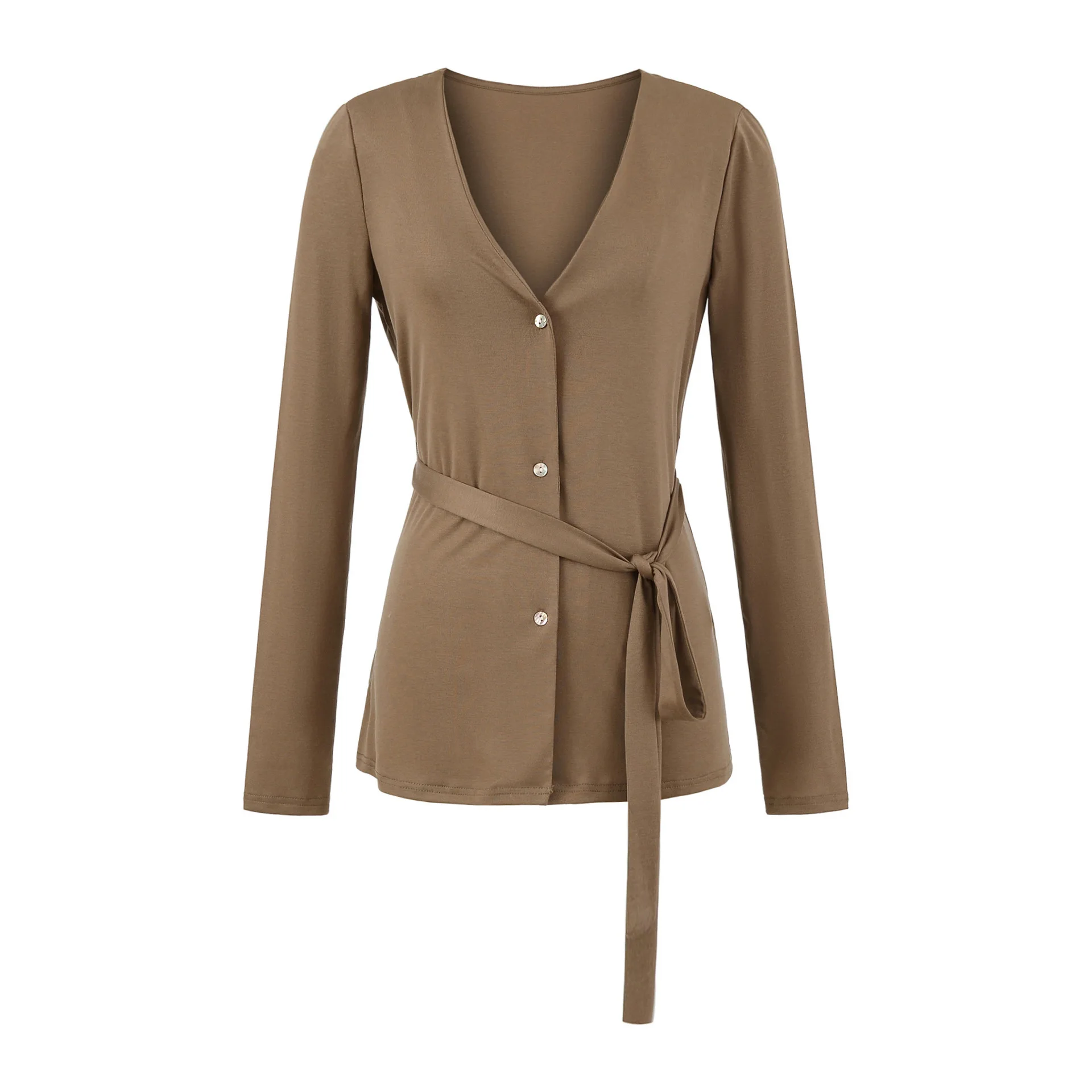 

Lightweight Sun Protection Cardigan Top For Women Autumn New V-neck Button Slim Fit High Waist Tie Slimming T-shirt Elegant DXBL