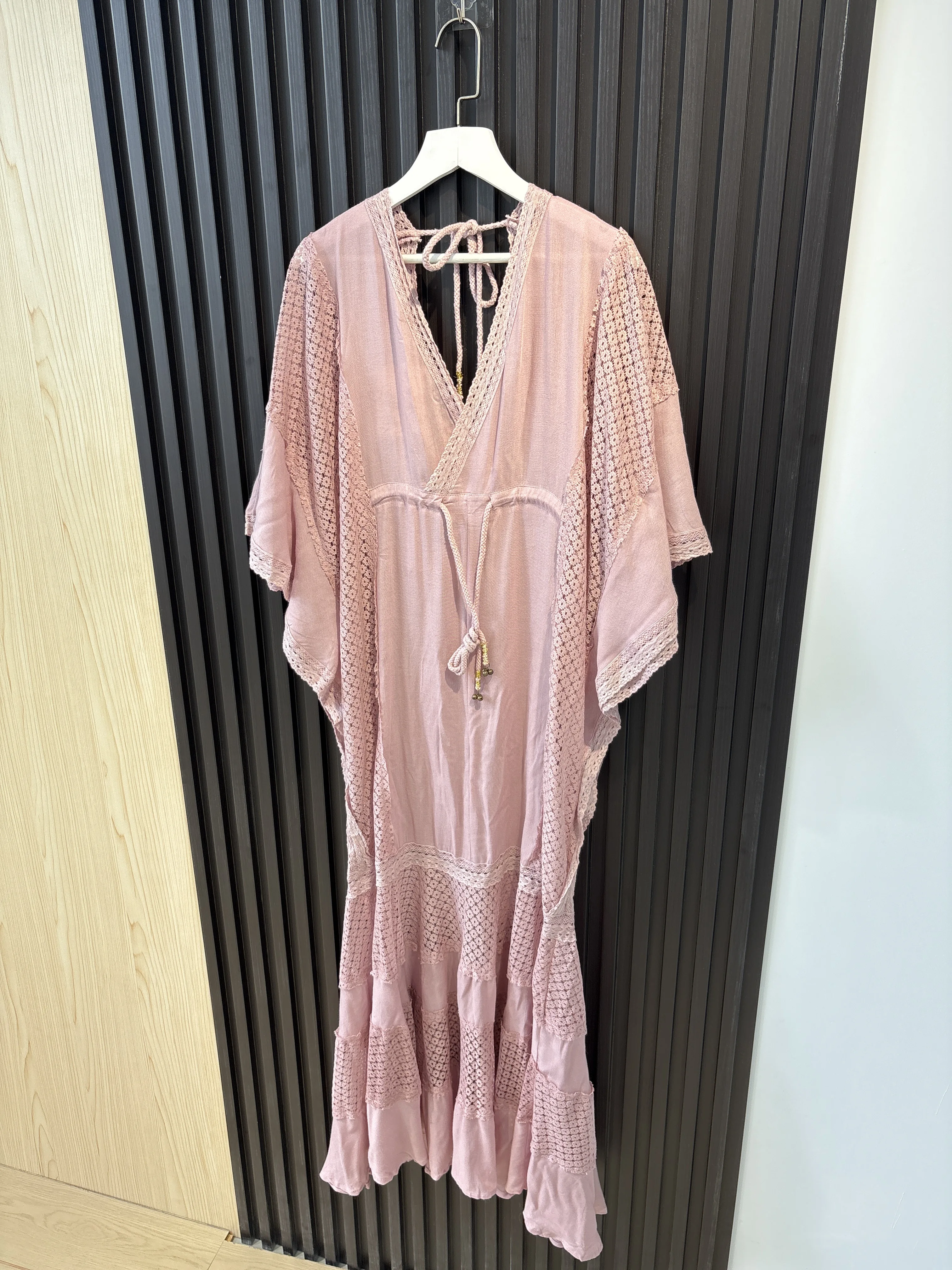 Jastie Boho Maxi vestido de verano para mujer, manga de murciélago hueca, cuello en V, vestidos sueltos con cordón, Color sólido, bata turca informal de playa