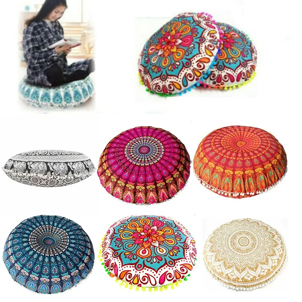 

43CM Round Bohemian Mandala Pattern Pillowcase Indian Elephant Printed Cushion Covers Boho Meditation Floor Pillow Case