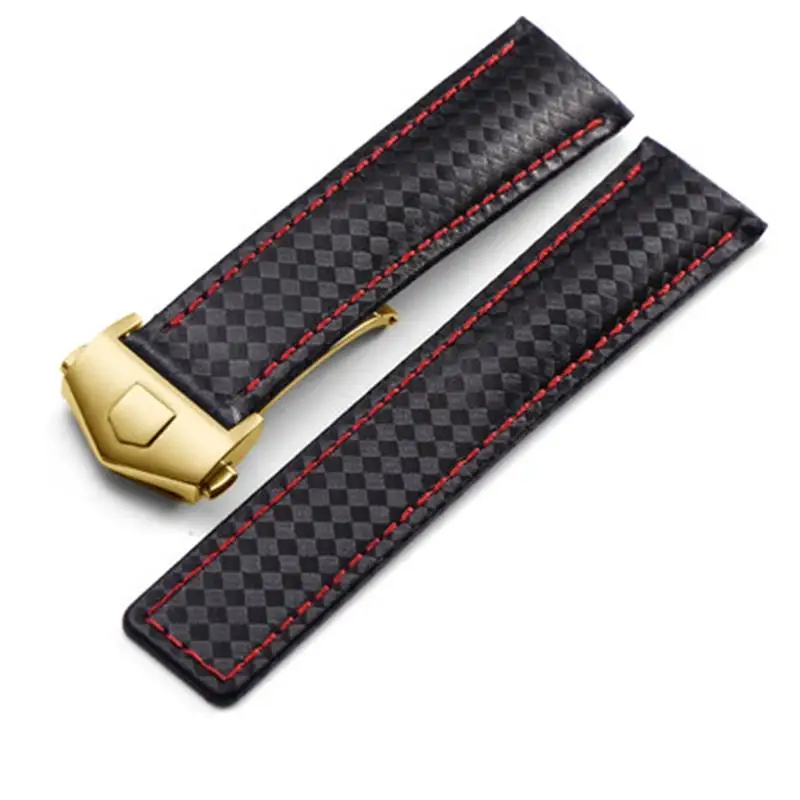 

ONECMN 20 22mm Carbon Fiber Textured Calfskin Black Red Watch Strap, Men's Strap and Folding Buckle,For TAG Heuer 20mm 22mm