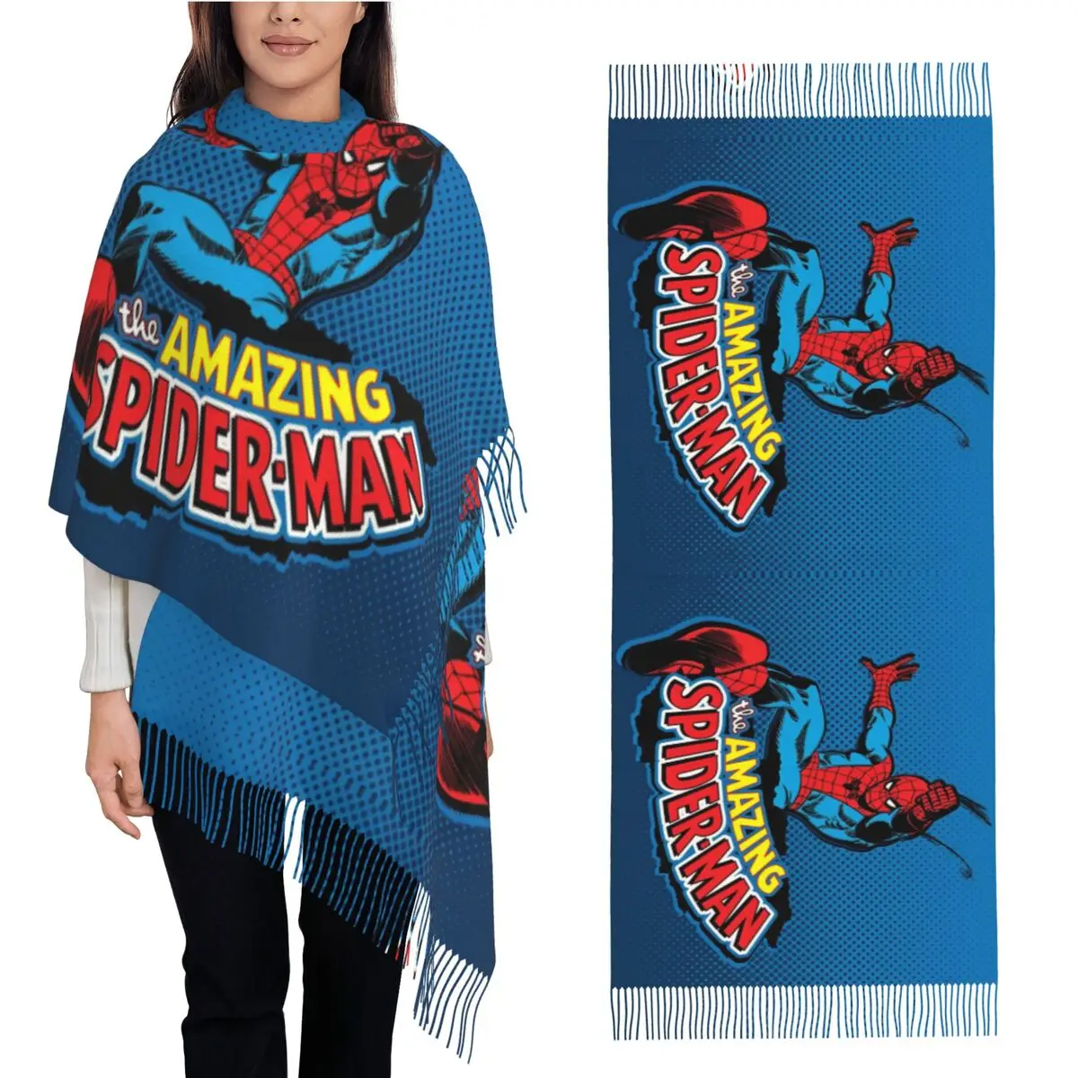 女性のためのパーソナライズされたスパイダーマンロゴスカーフ,暖かいショール,長いタッセル付きのラップ,大きなヴィンテージの冬のスカーフ