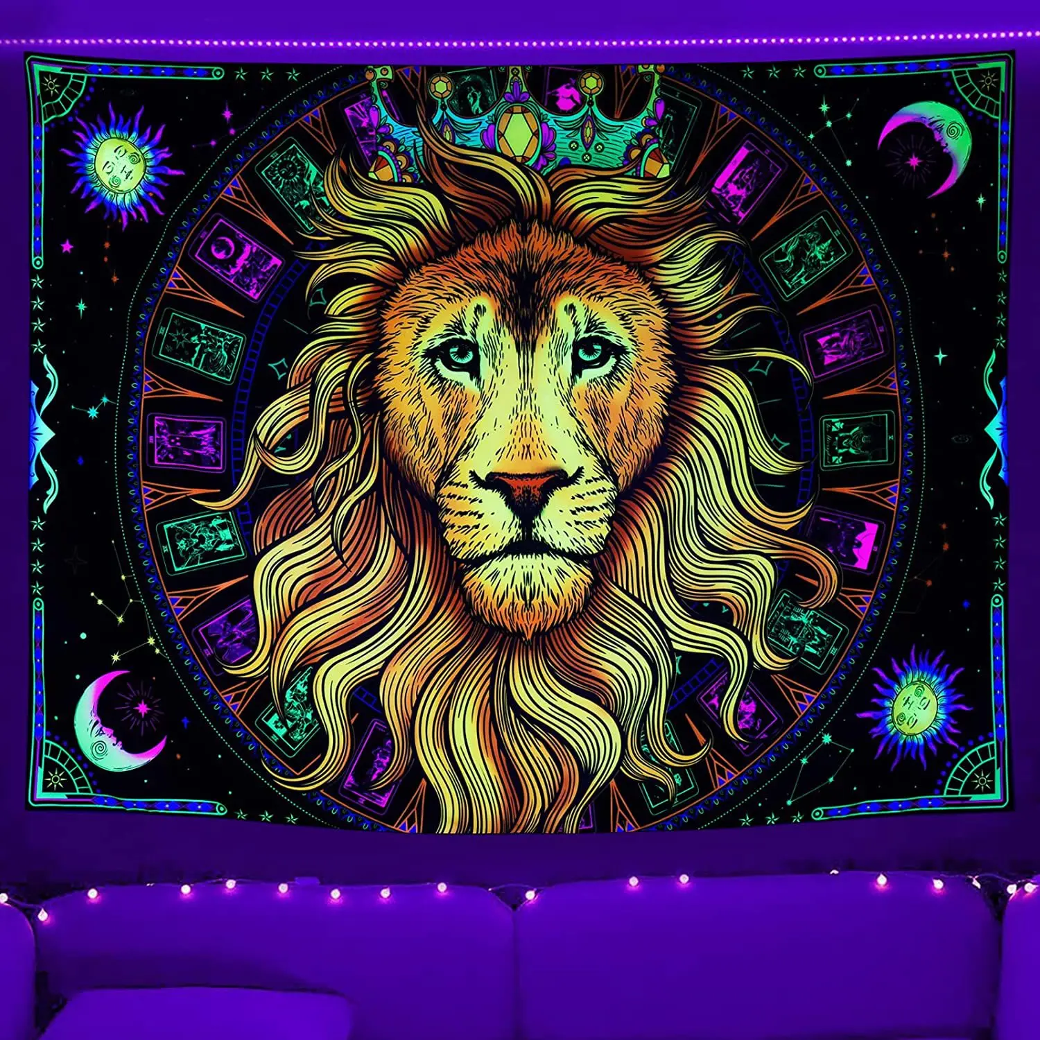 Fluorescent Wall Hanging Tapestry Glows Under UV Light Psychedelic Lion Home Decor Night Luminous Tapestry Background Cloth