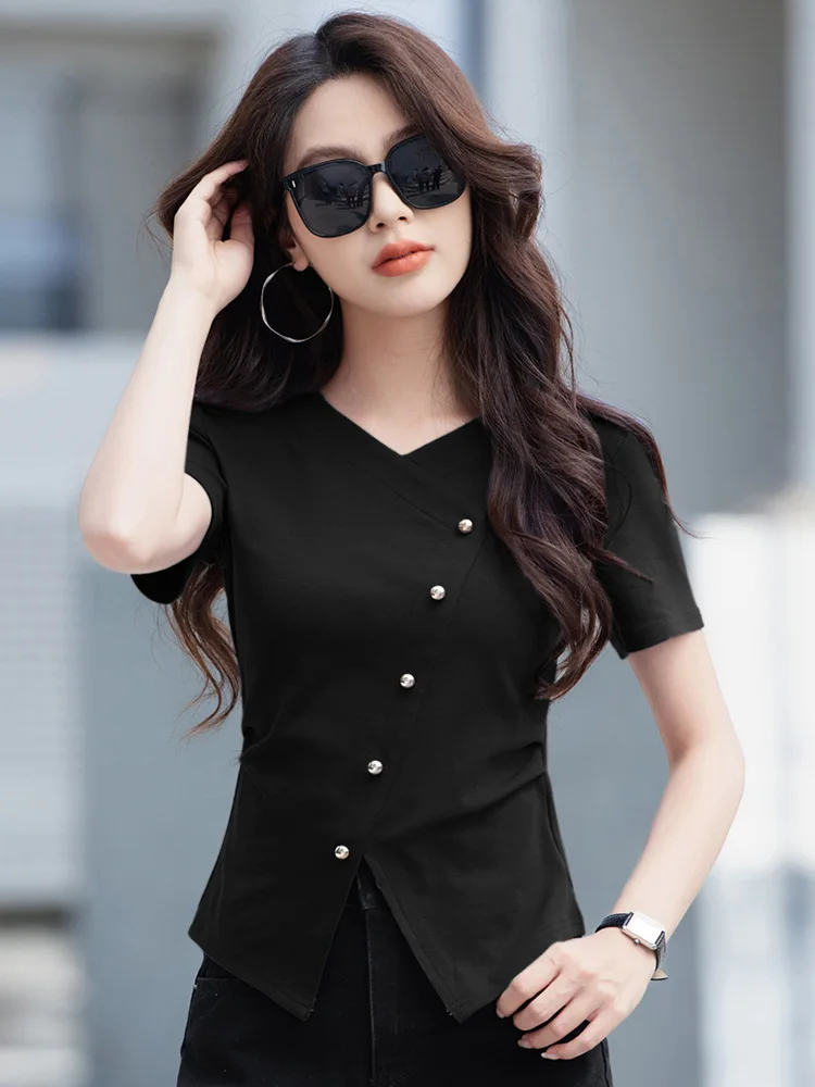 New Women Summer Asymmetric Button T-shirt Fashion V-Neck Short Sleeve Split Folds Design T-shirt Simplicity Casual Slim T-shirt