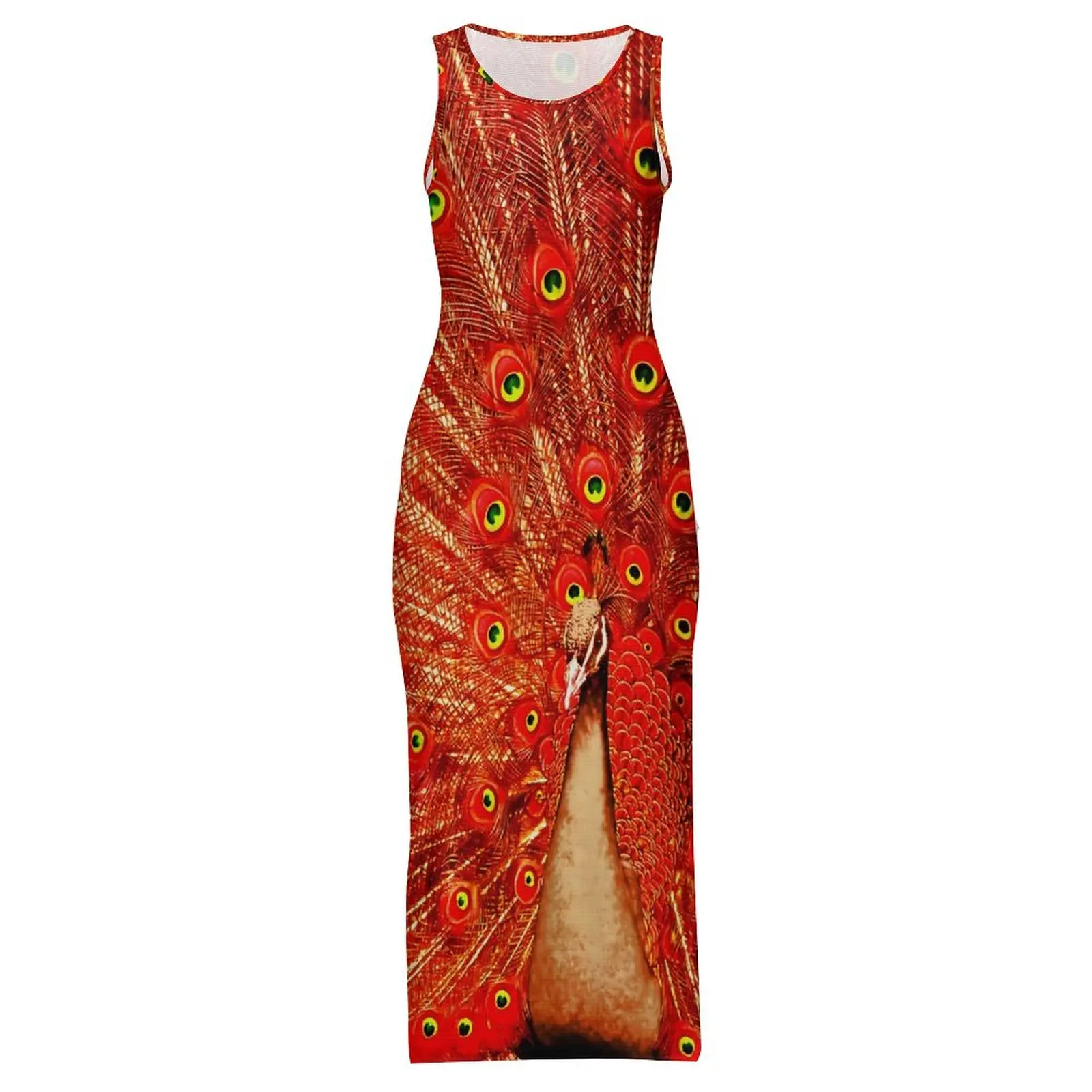 女性ボディコンドレススタイリッシュな赤孔雀の羽マキシドレス夏かわいい動物ノースリーブ Y2K ファッションカスタムドレス大サイズ
