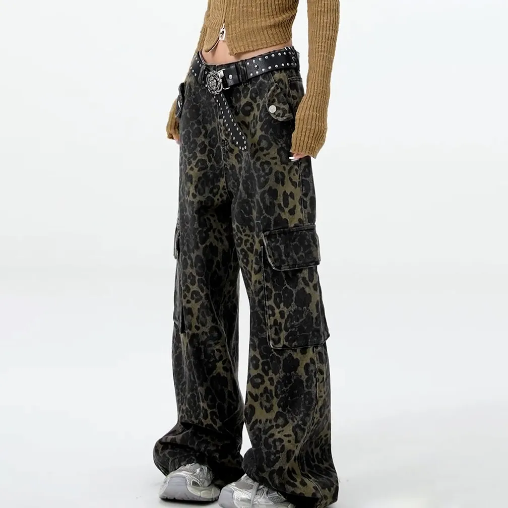 

Y2K Leopard Print Jeans Women American Denim Work Pants Spring Fashionable Versatile Slimming High Waisted Large Pocket Wide Leg
