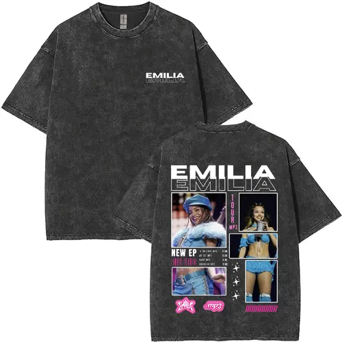 Imagen 2 del producto Camisetas Vintage lavadas de Emilia Mernes MP3, camisetas de gran tamaño a la moda para hombres y mujeres, camiseta informal de verano de manga corta con cuello redondo para hombres