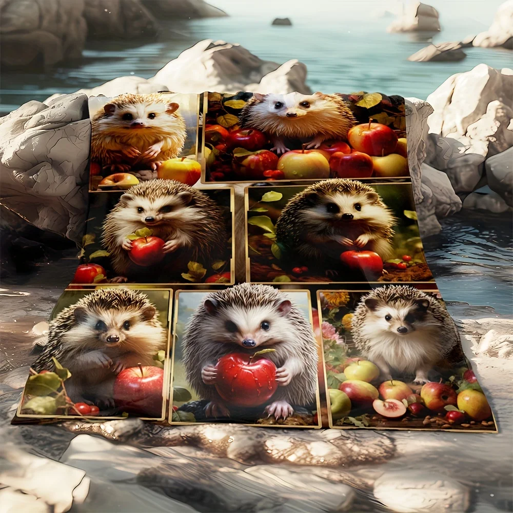 1pc Cozy Cute Hedgehog Puzzle Blanket Lightweight Flannel Digital Printing Fleece Blanket For Sofa Office Couch Bed Travel Campi