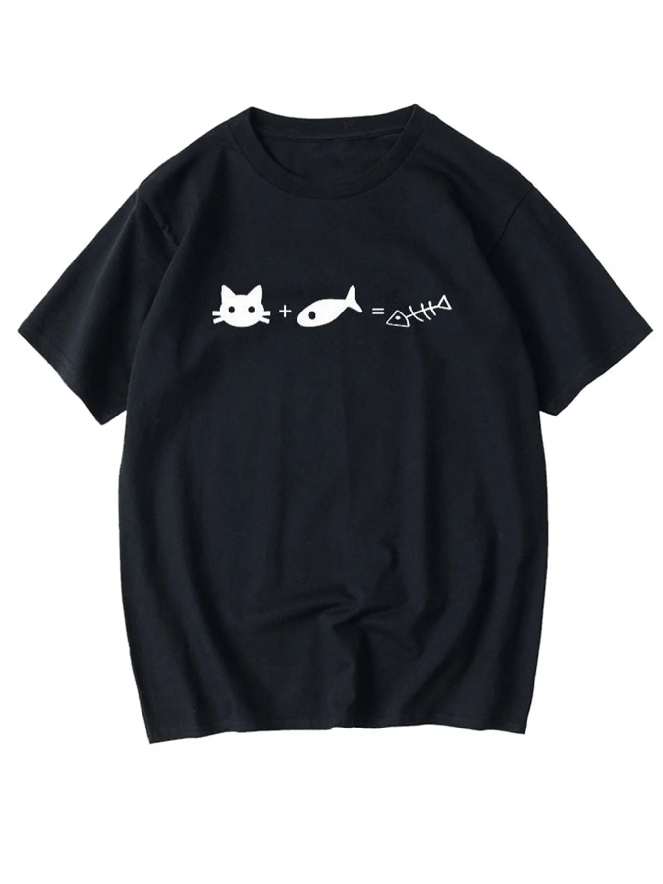 Cat Fishbone Equation Cartoon T-shirt Men Women Minimal Kawaii Unisex Short Sleeve Daily Streetwear Basic Casual Fashion Top