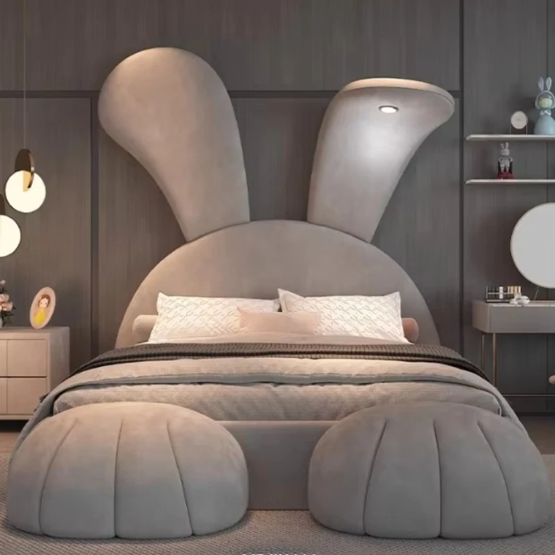 Modern minimalist children's double princess bed high quality wooden fabric rabbit bed bedroom or living room