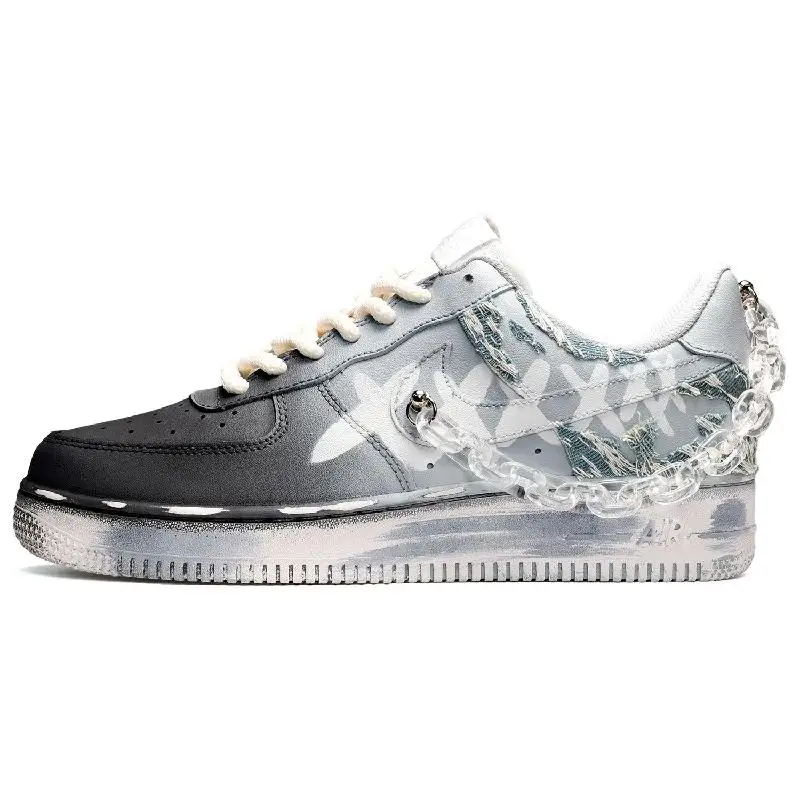 

[Custom Men's gradient black, white and blue]Nike Air Force 1 Low-Top Skateboard Shoes Men's Black White Blue