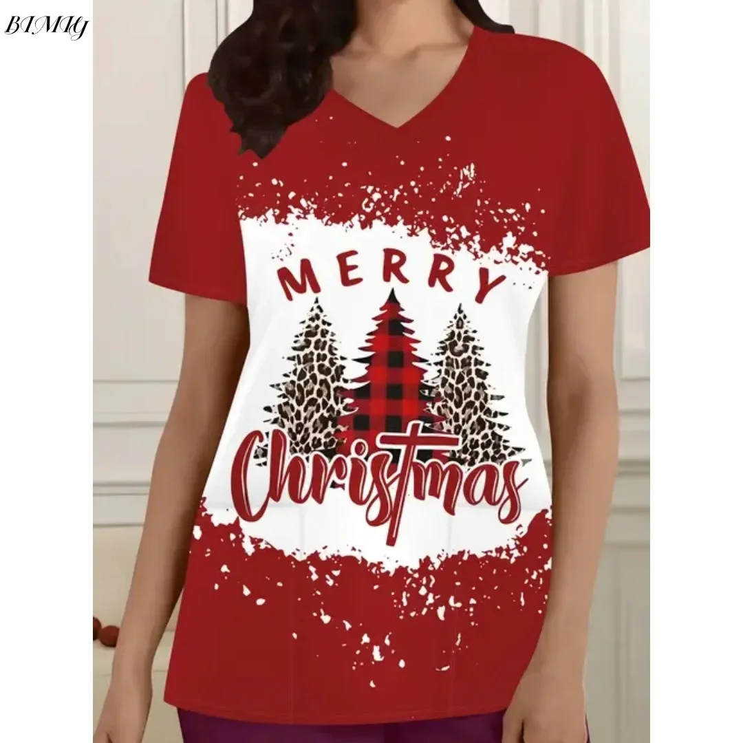 Праздничный рождественский уродливый топ с v-образным вырезом и карманами с принтом Санта-Клауса, удобная женская униформа медсестры, женская одежда с короткими рукавами