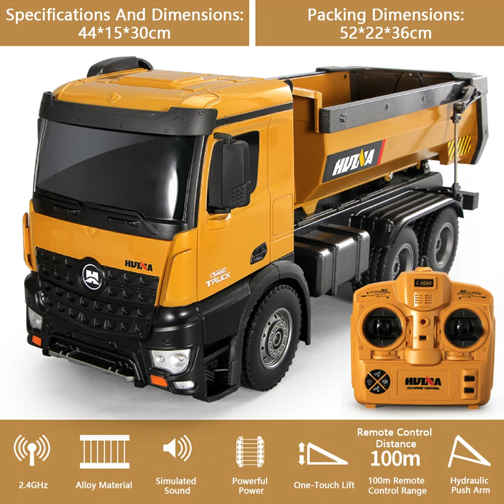 Huina1573 RC Dumper Truck 1/14 10CH Remote Control Engineering Vehicle Loader Bulldozer Toys for Boys Kids Christmas Gift