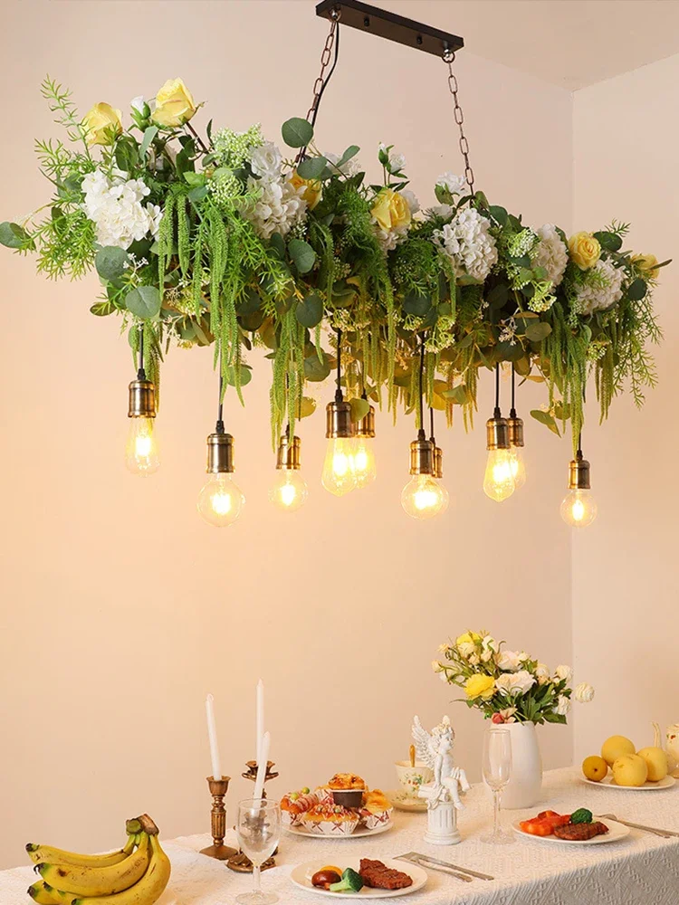 

Nordic Led Creative Plant Garden Pendant Light Restaurant Green Chandelier Simple Pastoral Ambiance Flower Hanging Lamp