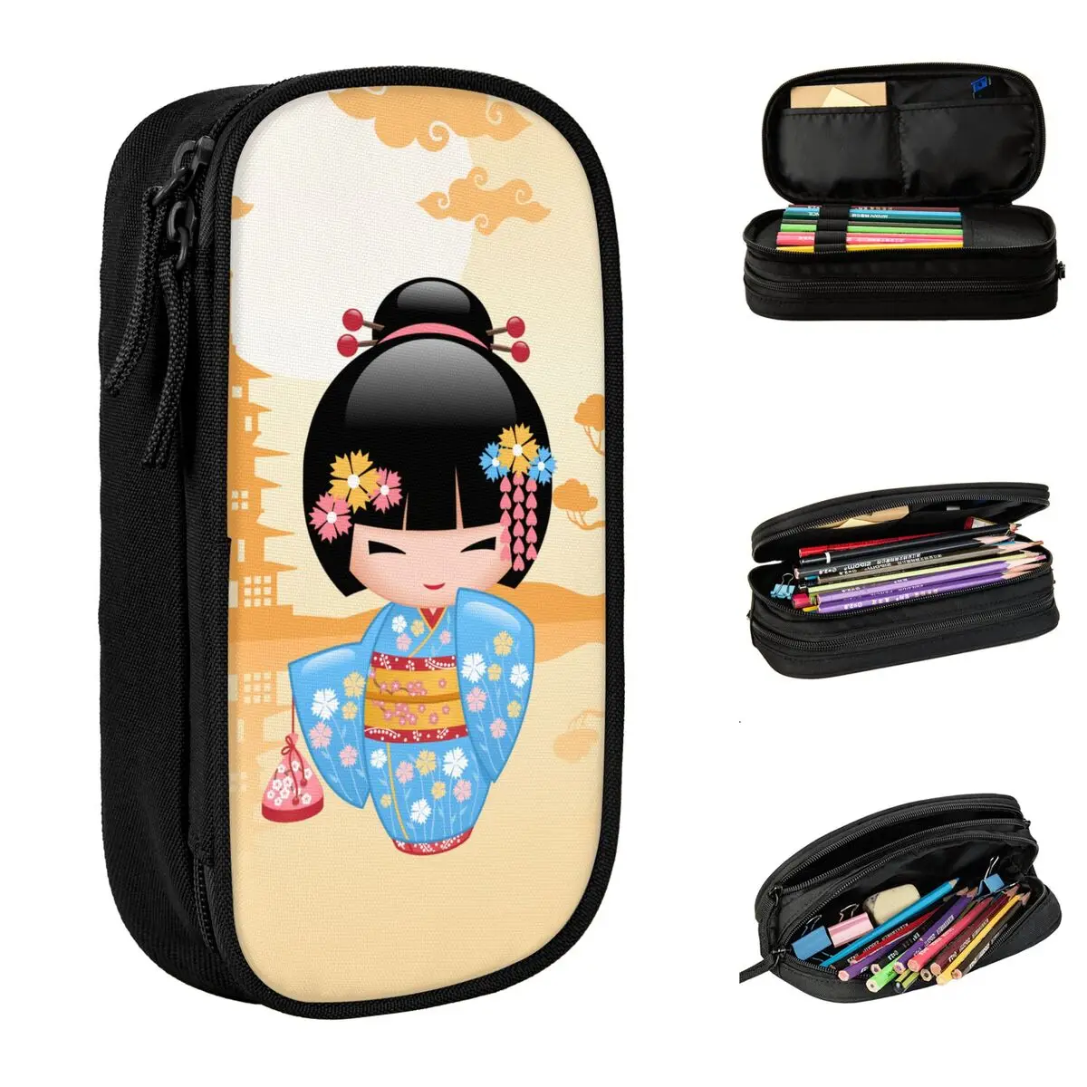 

Kokeshi Doll Pencil Cases Cute Japanese Girl Pencil Pouch Pen for Student Large Storage Bags Students School Zipper Accessories
