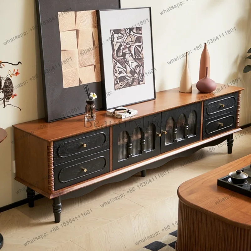 Retro pure solid wood TV cabinet machine floor-to-ceiling integrated living room antique locker