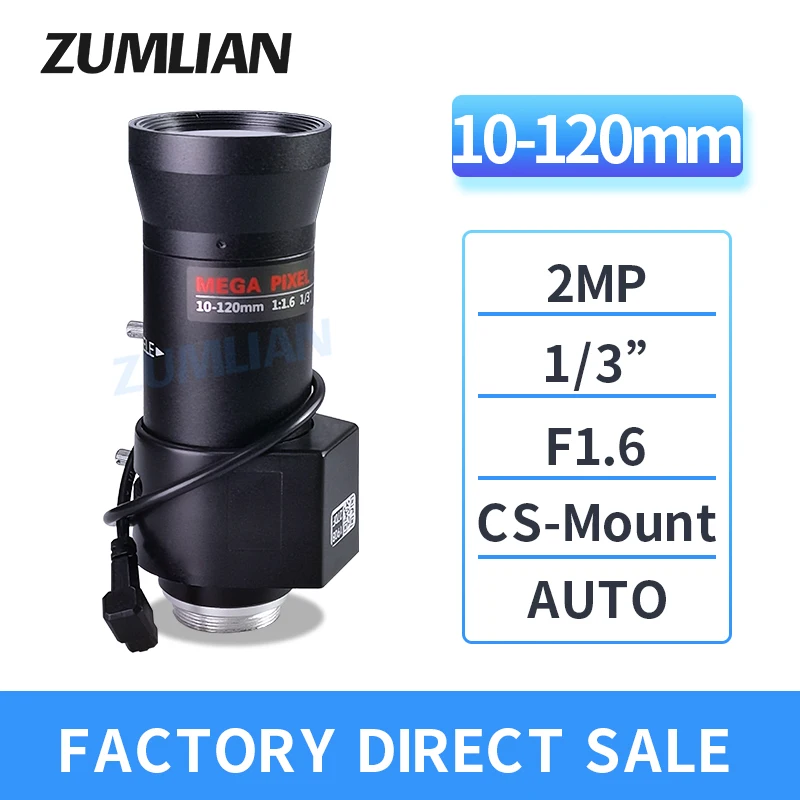 ZUMLIAN 10-120mm Zoom Lens CCTV Road Surveillance CS-Mount 1/3 Inch Auto Iris F1.6-360 2MP IR Varifocal Camera Lens 2Megapixel