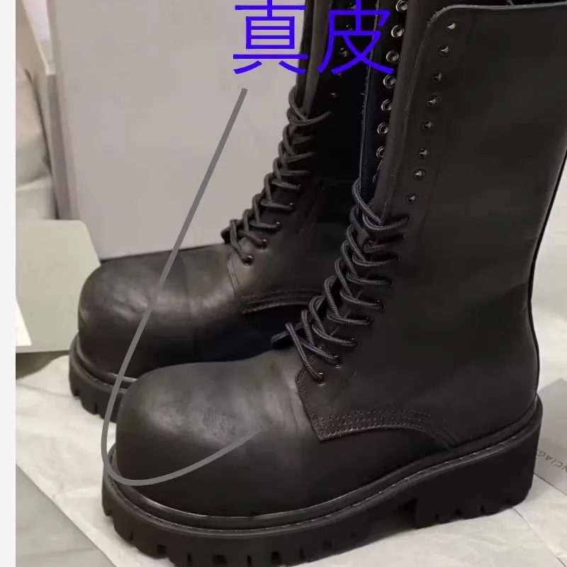 Black Leather Men's Motorcycle Boots Thick-Soled Round Toe Waterproof Males Booties Luxury Designer Men's Shoes Botas Mujer