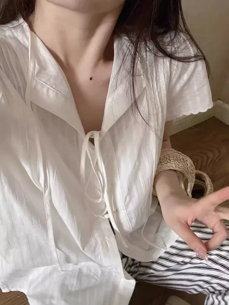 Deeptown Vintage White Women Blouses Elegant Lace Up Shirt Cardigan Casual Sweet Loose Short Sleeve Summer See Through Cover Up