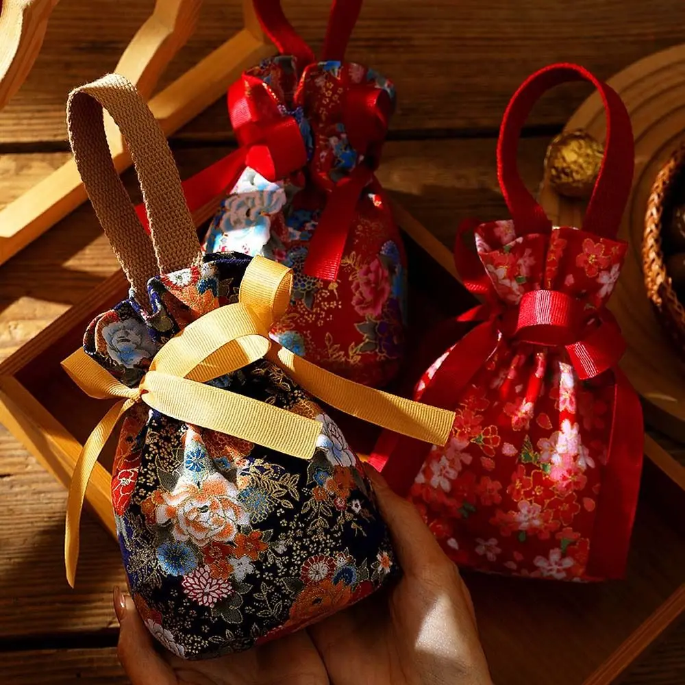 Bolso con cordón de flores florales, colgante de perlas con lazo de satén, bolso de muñeca de lona, monedero, cartera, bolso de cubo, bolsa de azúcar festiva para fiesta