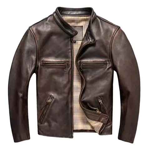 Giacca invernale in pelle marrone da uomo stile vintage taglie forti 5XL Cappotto in pelle slim fit con colletto alla coreana in vera pelle di cavallo naturale spessa