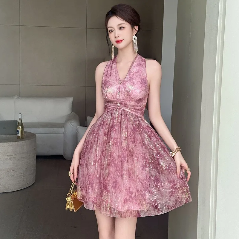 Summer Innovative Gold-plated Rose Hanging Neck Mesh Design Waist Cinched Sleeveless Dress Vacation Style Fairy Fluffy Skirt