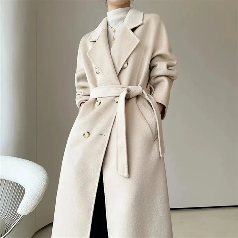 

Women Double-Sided Cashmere Wool Coat Jacket Women Long Beautiful Woolen Winter Autumn Warm Fashion Water Ripple Cloak