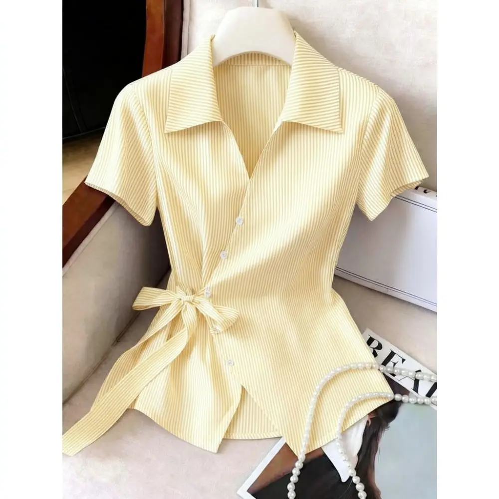 Summer Elegant Women Striped Shirt V Neck Tie Front Short Sleeve Blouse Slim Fit Office Lady Fashion Top