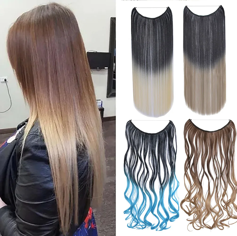

One Piece No Clips Hairpieces Ombre Color Elasticity Invisible Wire Fish Line Wavy Synthetic Hair Extension