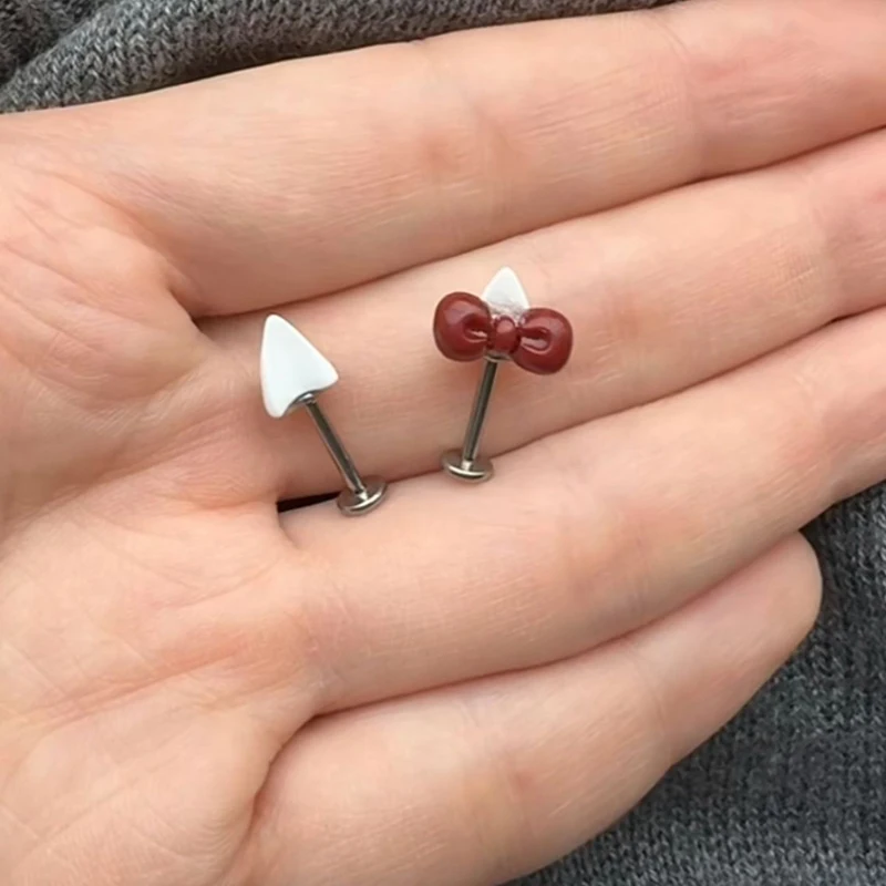 2Pcs Titanium Steel Bow Heart Ear Bone Nail Cute Women's Puncture Earrings Fashion Jewelry Accessories