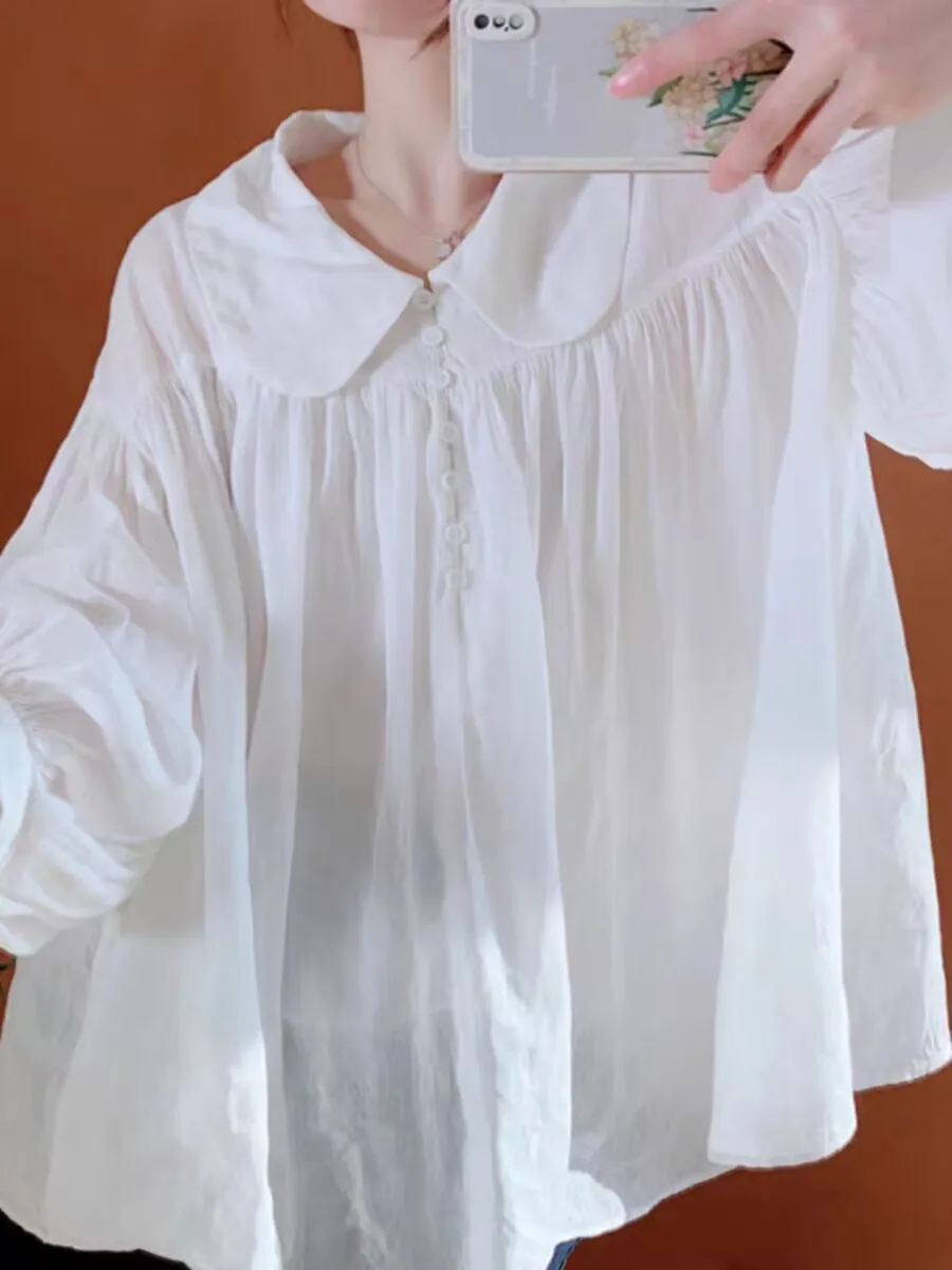 

Retro Japanese Style Cotton Linen White Doll Collar Shirt Long Sleeve Women's Spring Autumn Casual Sun Protection Tops F563