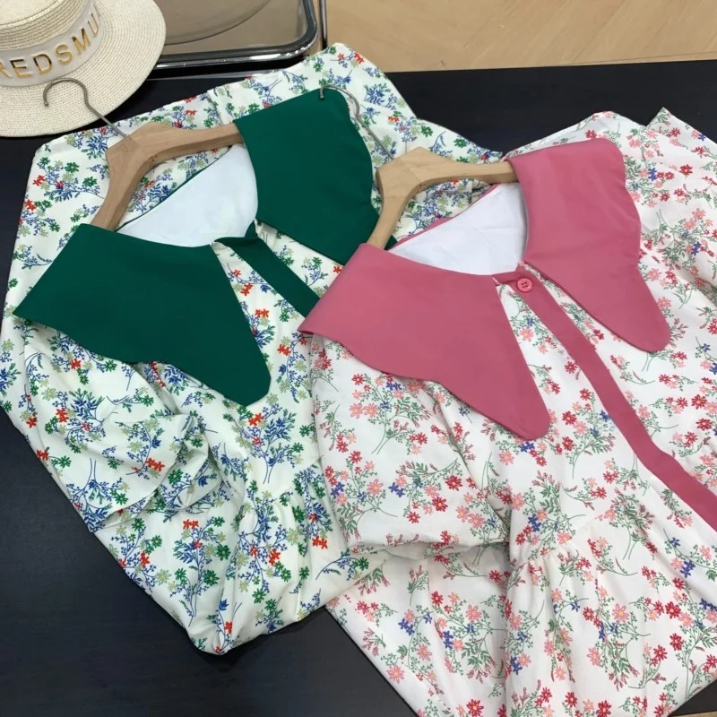 Estate New Sle Stampa floreale Design dimagrante Vita alta Bubble Sve irt Dr Colletto per bambola Casual Faion Dr da donna