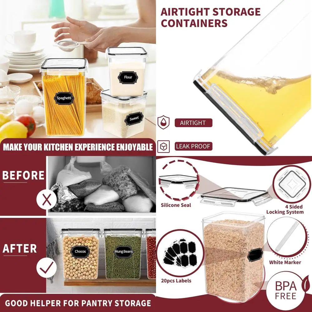 

Set of 10 Airtight Plastic Food Containers with Lids for Kitchen Storage, Ideal for Cereal, Flour, and Baking Goods with Labels