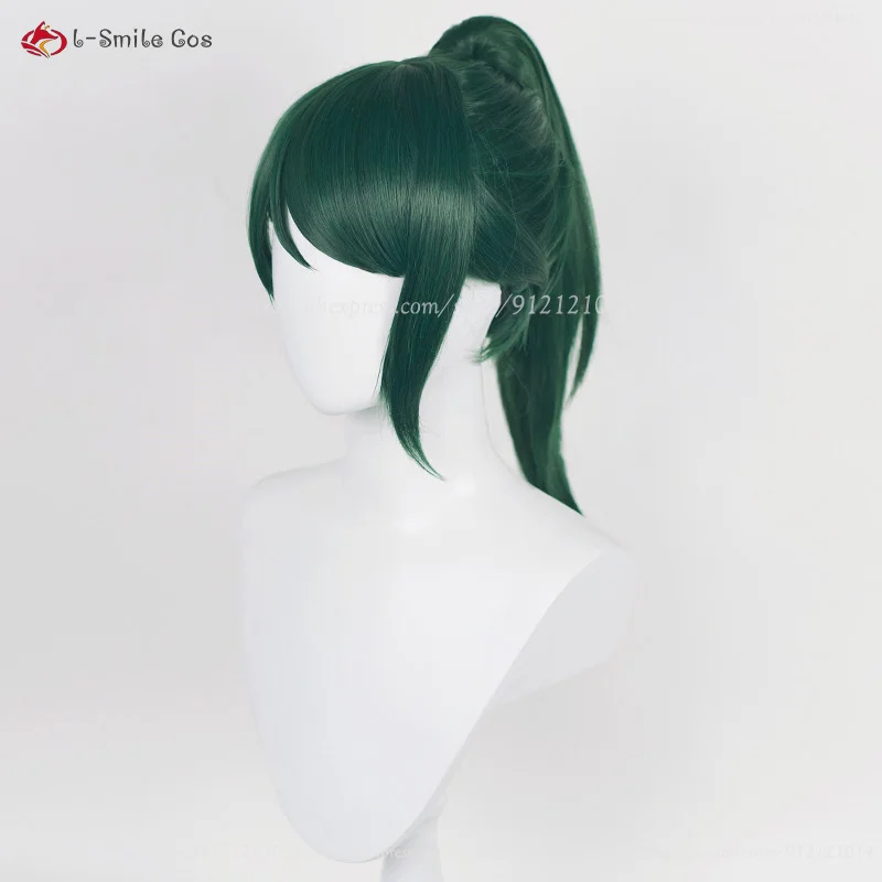 Peluca de cosplay Zenin Maki, pelo sintético resistente al calor con gafas Maki Zenin, verde oscuro, corto, 45cm, Halloween, gorra de peluca