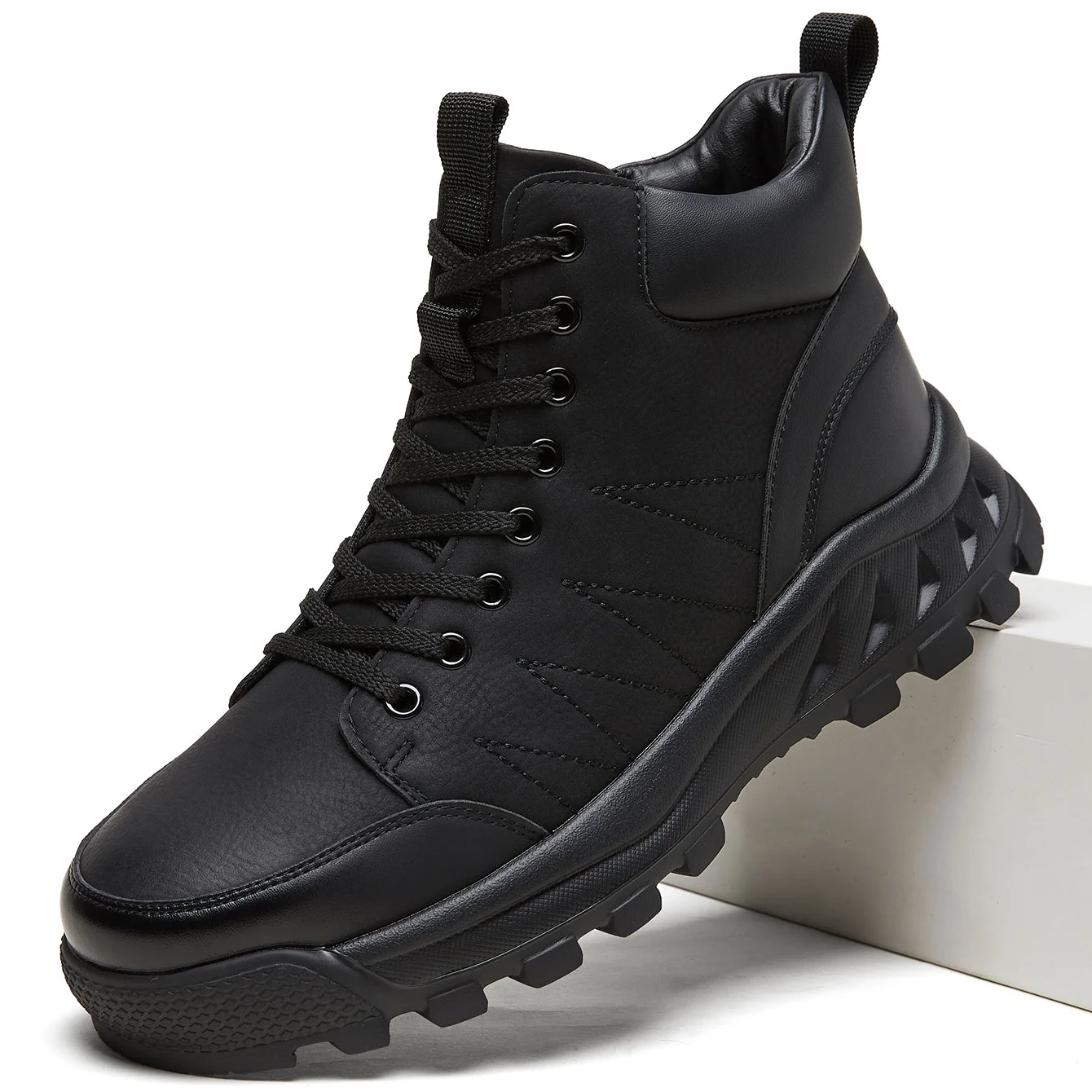 Desai Men's High Top Work Boots Faux Leather Lace Up Thick Anti Slip Sole Pull Tab Casual Wide Width Stylish Fall Winter