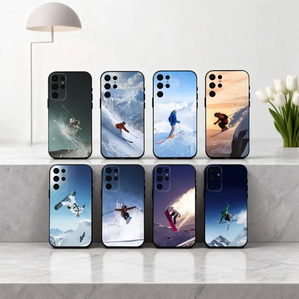 

S-Snow M-Mountain Skiing Ski Phone Case For Samsung S25,24,23,22,30,21,10,9,Ultra,Plus,Lite,FE,4,5 G Soft Black Case