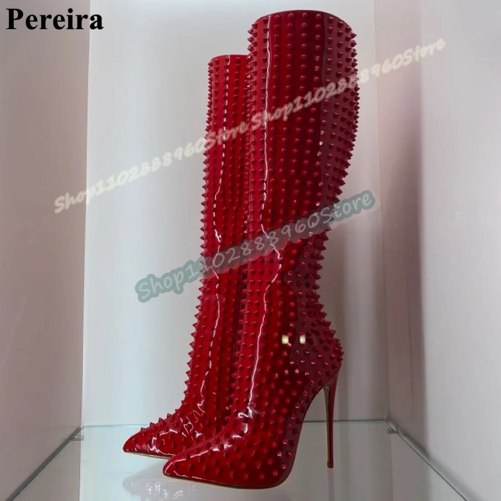 الركبة عالية الأسود كامل المسامير مدبب الأحذية الخناجر أحذية عالية الكعب للنساء الجانب سستة أشار تو موضة أحذية النساء غير رسمية #3
