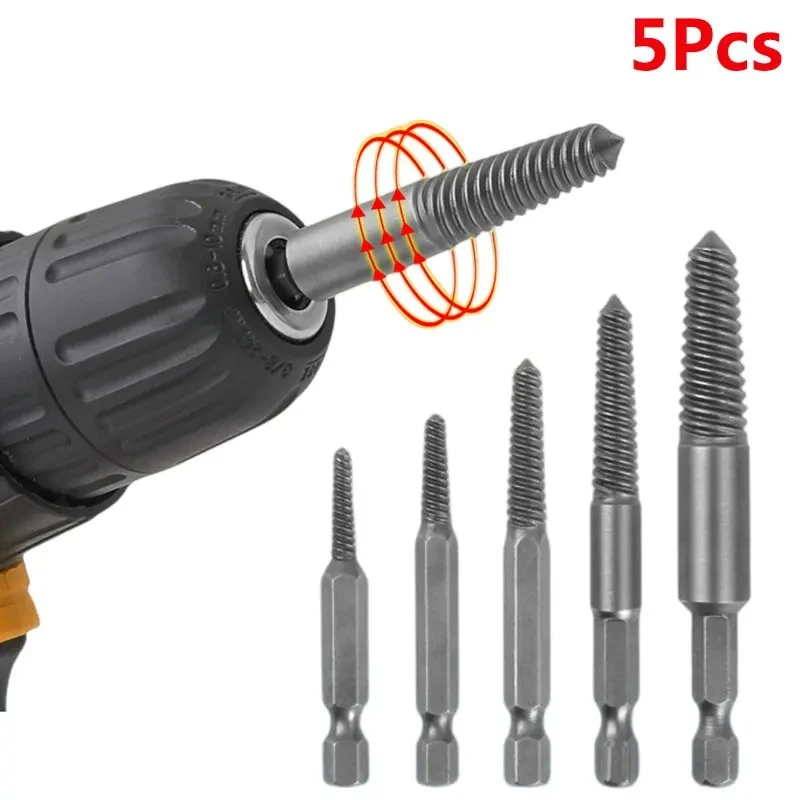 5 in 1 Taps Damaged Screw Extractor Hexagonal Handle Center Drill Bits Set Broken Bolt Easy Out Remover Power Tools Accessories