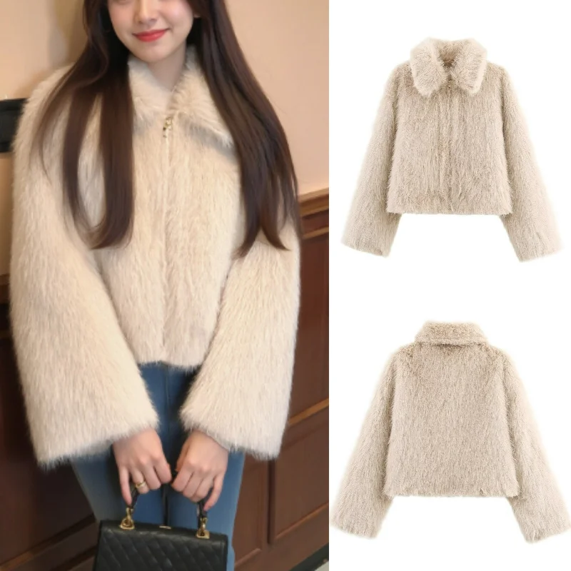 Women's Grey-Brown Faux Fur Jacket 2025 Fall Fashion Trendy Sexy Color Block Warm Outerwear for Ladies