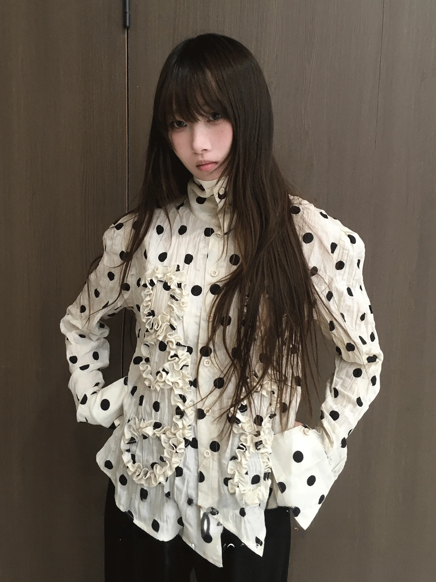 Women's Polka Dot Shirt Asymmetrical Long Sleeve Large Collar Slimming Design Casual Style Autumn Winter Fashion Top