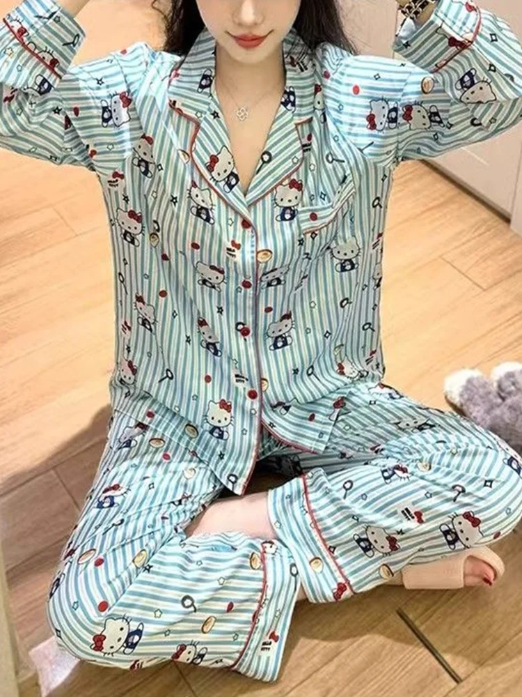 حار جديد أنيمي لطيف مرحبا كيتي المرأة بيجامة الكرتون صورة Kawaii الحلو نمط فتاة ملابس المنزل في سن المراهقة طويلة الأكمام بنطلون بيجامة