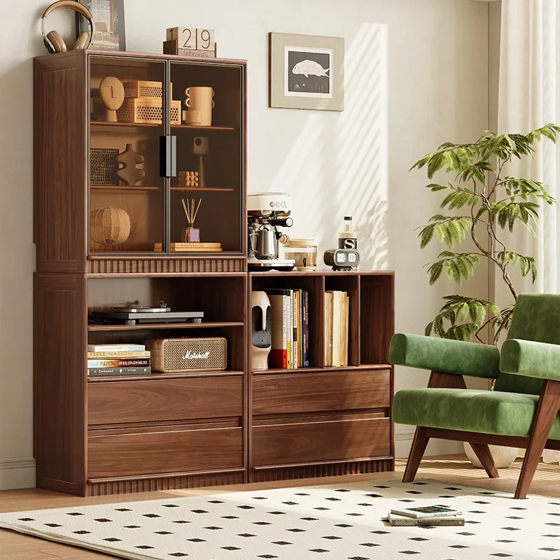 Solid wood combination bookcase, black walnut glass display case, display living room storage with card seat