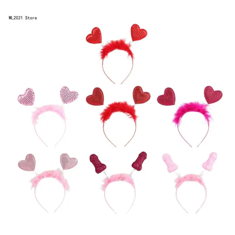 1pc/7pcs Heart Shape Headband for Woman Girl Banquet Hair Hoop Glitter Feather Decor Hairband for Valentines Headband