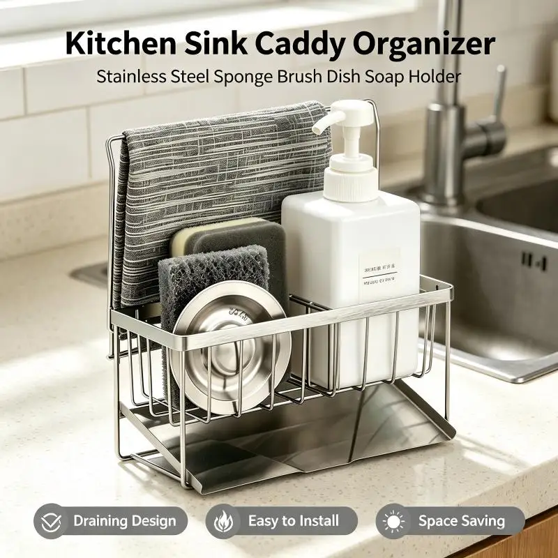 Stainless Steel Sink Organizer with Drainage Tray,Dishcloth Sponge Holder,Countertop Kitchen Storage Rack for Soap and Scrubber