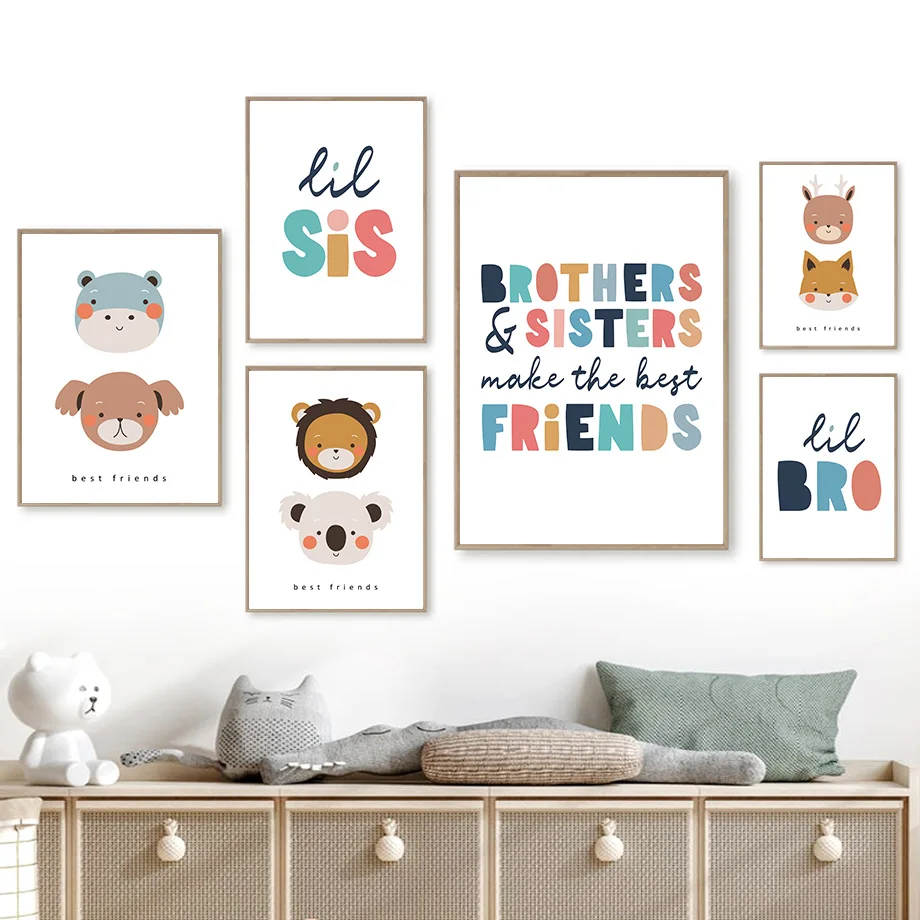 Siblings Animal Nursery Wall Art Mural Kids Brothers Sisters Canvas Prints Cute Cartoon Animal Posters Baby Room Playroom Decor
