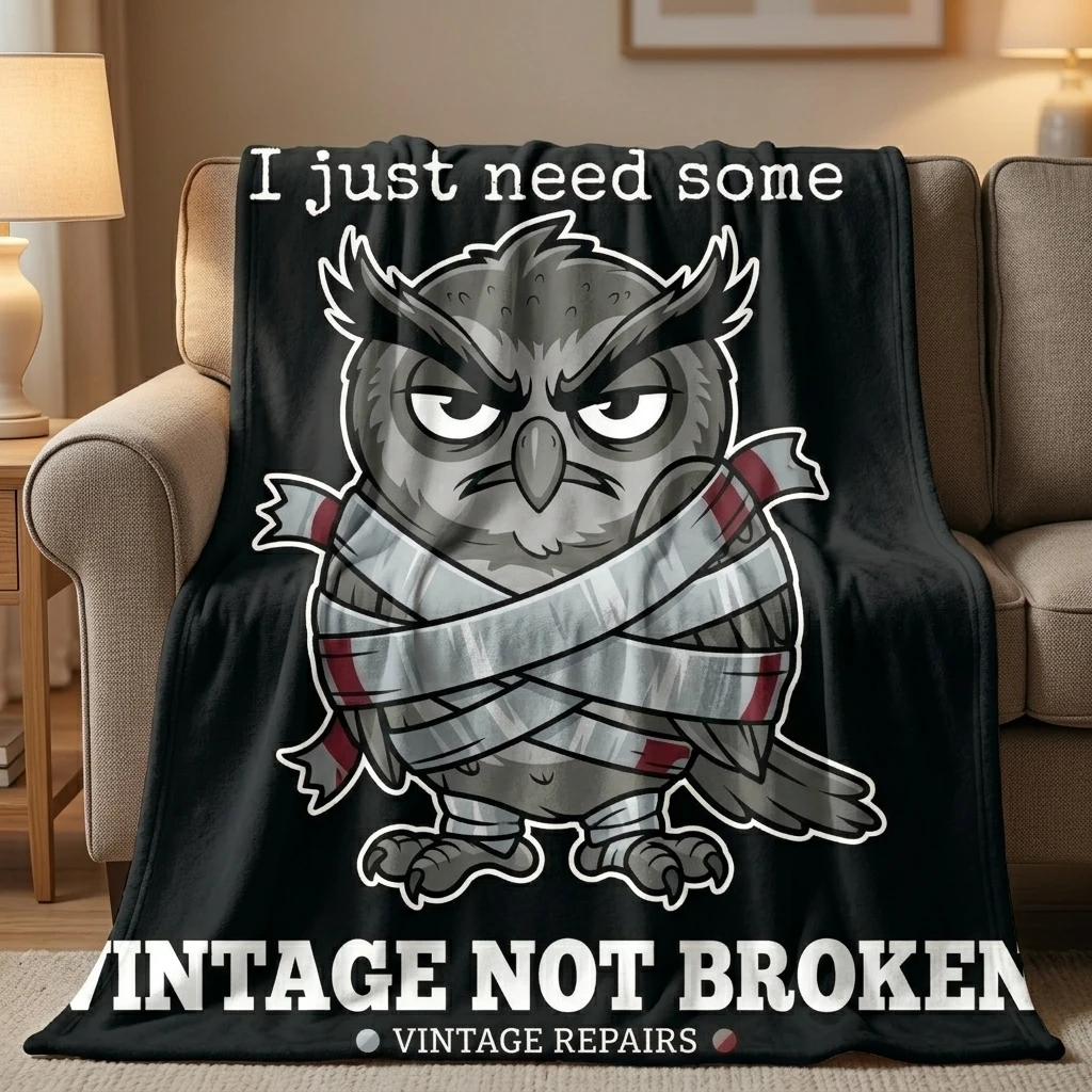 Vintage Repair Owl I'm Not Old Flannel Throw Blanket, Funny Duct‑Taped Vintage Not Broken Owl Soft Cozy Lightweight Home Decor