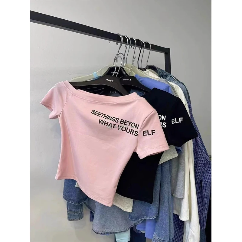 Sommer Neue Sle Slim Fit ort Sve T-shirt oulder Bared Brief Drucken Diagonal Kragen Koreanische Version Seide Material Frauen...