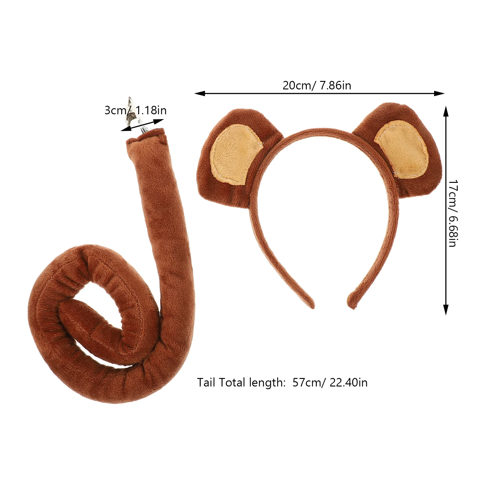 Amosfun Fascia per orecchie da scimmia con coda Accessorio per cosplay per costume da festa per animali Marrone