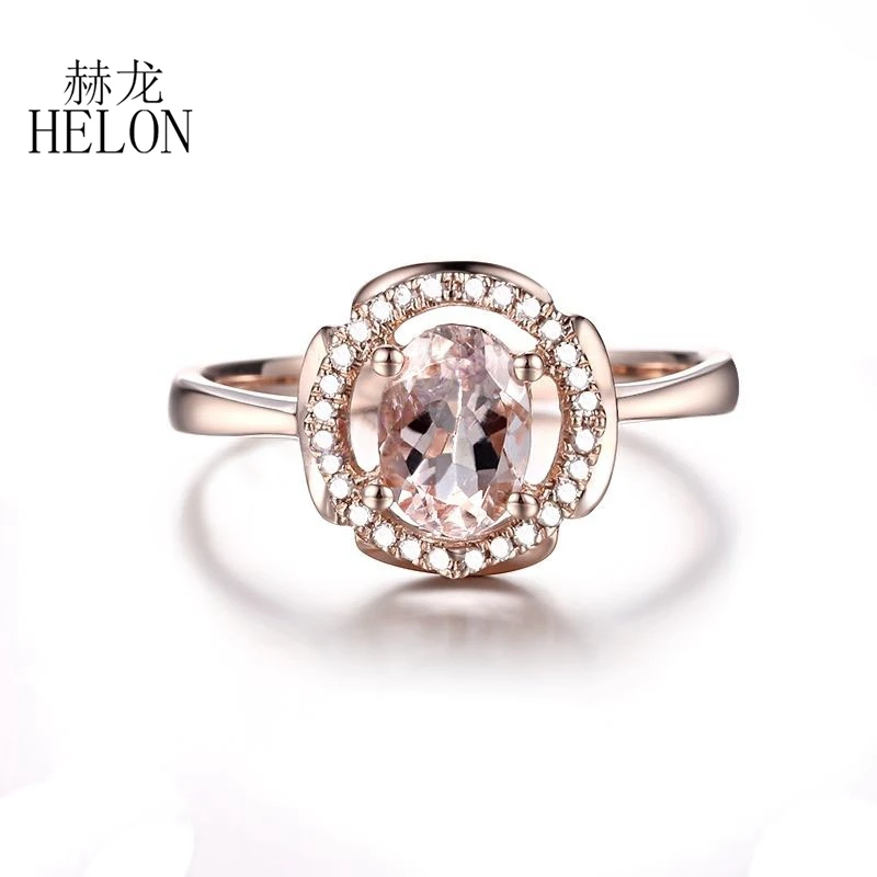 HELON Solid 14K Rose Gold Oval 7x5mm Natural Morganite Diamonds Engagement Ring Women Diamond Wedding Bride Anniversary Gifts