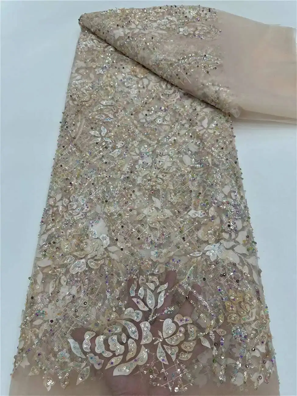 

African French Tulle Groom Beads Lace Fabric 5 Yards 2025 High Quality Nigerian Lace Fabric African Lace Fabric For Wedding