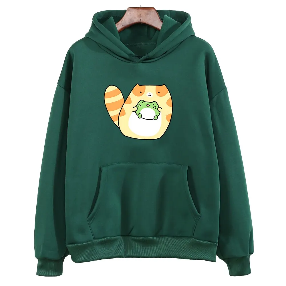 Kucing Tabby dengan Hoodie Grafis Katak untuk Anak Laki-laki Kaus Anak Perempuan Print Kawaii Fashion Korea Lengan Panjang Hoodie Pullover Anak-anak